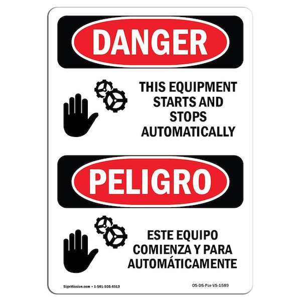 OSHA Sign, Starts & Stops Automatically Bilingual, 14in X 10in Alum, 10" W, 14" H, Spanish